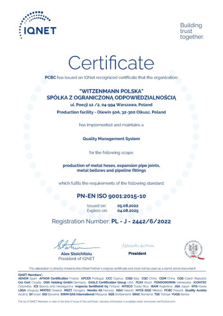 IQNET PNEN ISO 9001:201510 Certificate Witzenmann Polska_preview